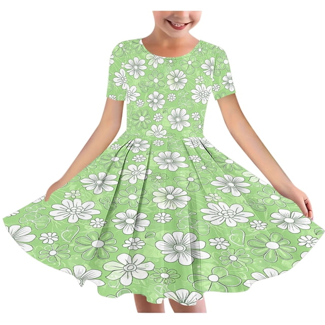 RXIRUCGD 2025 Summer Clothes for Kids Girl's Flower Print Short Sleeve Stretchy Dress Summer Sleeve Round Neck Dress Dance Skirt for Kids