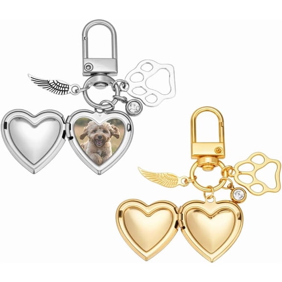 2 Pcs 2 Colors Pet Personalized Heart Keychain 2.32inch Pet Memorial Photo Pet Portrait Locket Keychain with Alloy Rings for Dog Cat Sympathy Gift