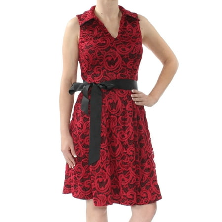 SIGNATURE Womens Red Lace Belted Sleeveless V Neck Knee Length Fit + Flare Cocktail Dress Petites Size: 4P