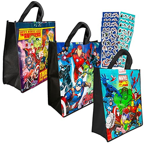 Featuring Captain America, Iron Man, and Spiderman 3 Reusable Tote Party Bags With Spiderman Stickers Superhero Party Pack Marvel Avengers Tote Bags Value Bundle