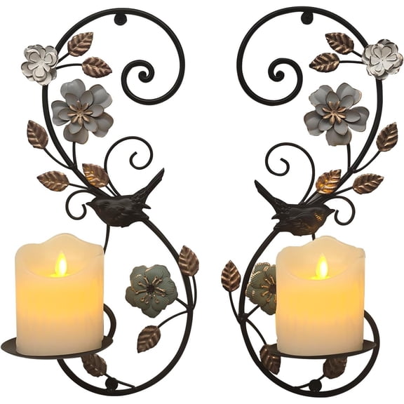 Farmhouse Wall Candle Sconces Set of 2 - Distressed Candle Holder Wall Mounted for Pillar -  Metal Decor with Flower Leaves for Hallway Fireplace Bedroom Living Room