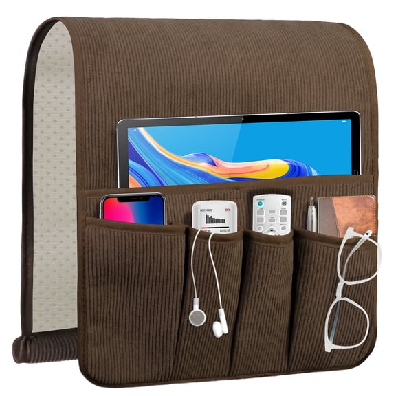 WETRBWEH Armchair Caddy for Couch Remote Control Holder,Non Slip Sofa Armrest Organize with 6 Pockets, Bedside Caddy Accessories (Brown, 35"X12.4")