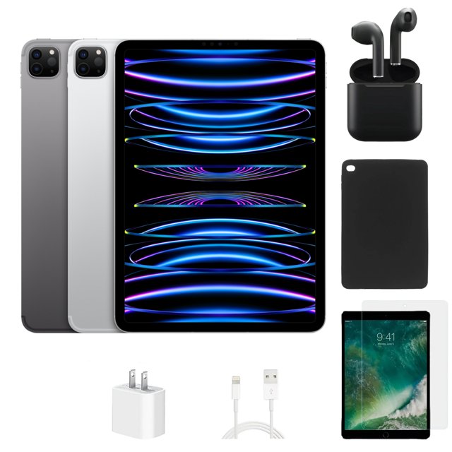 Reacondicionado Apple iPad Pro 11" (2022) A2435 (WiFi + Cellular Desbloqueado) 128GB Gris Espacial (Grado A+) Paquete con Funda, Auriculares Inalámbricos, Protector de Pantalla de Vidrio Templado