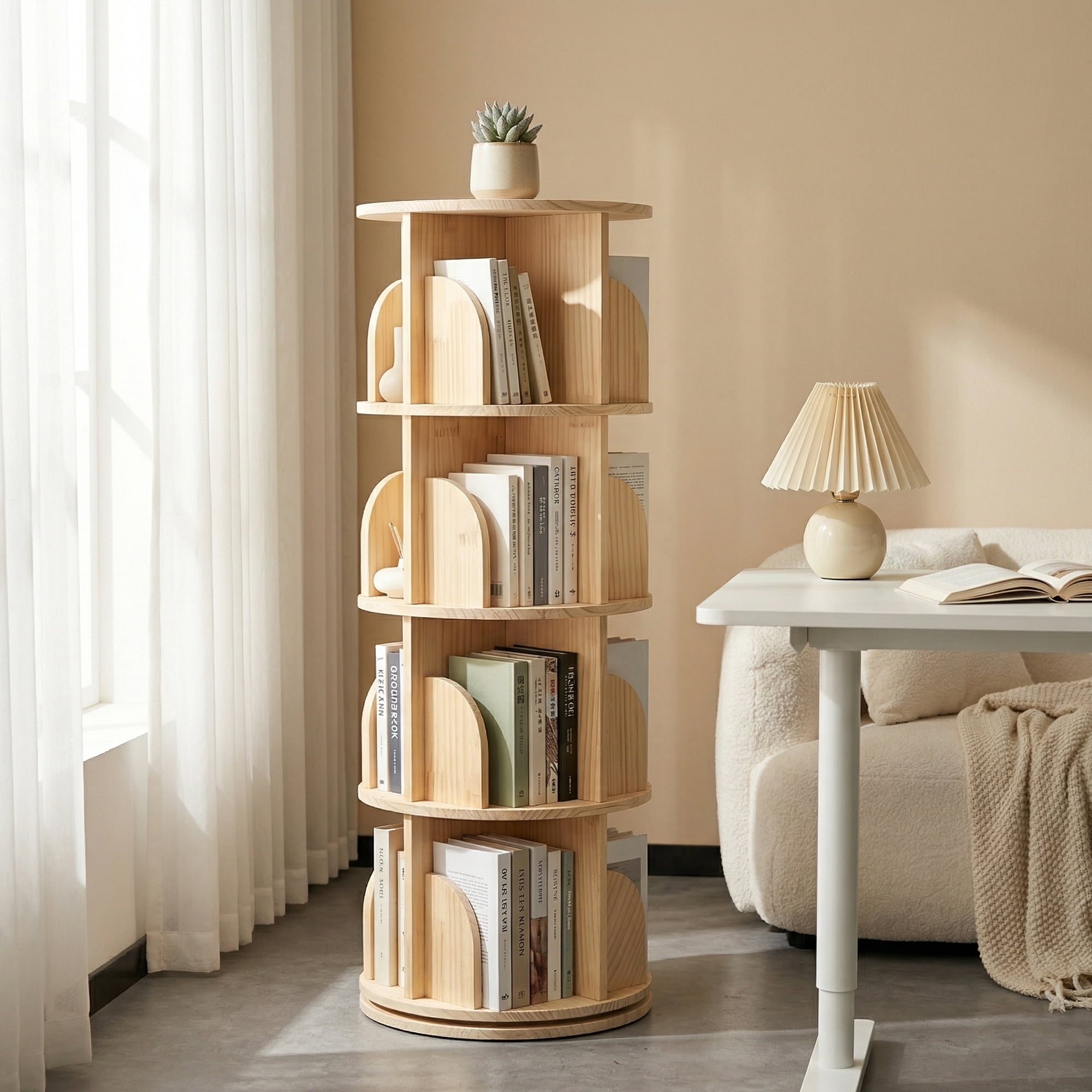 4 Tier Rotating Bookshelf, Round Floor Standing Bookcase with 360° Spinning Storage, Wooden Display Shelf for Books, Décor and Toys, Natural
