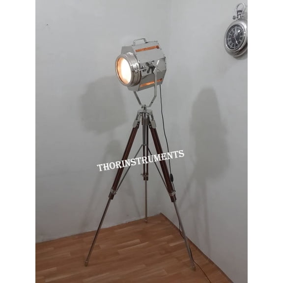 Industrial Retro Spot Light Lamp Vintage Farmhouse Nautical W/Chrome & Wood Tripod Stand