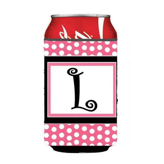 Letter L Initial Monogram - Pink Black Polka Dots Can or Bottle  Hugger