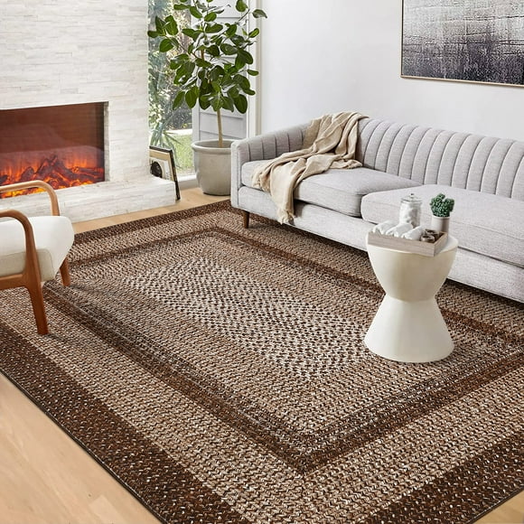 Garvee 5'x7' Rug Braided Print Area Rug Farmhouse Border Rug Geometric Area Rug Stain-Resistant Non-Shedding Accent Rug, Brown