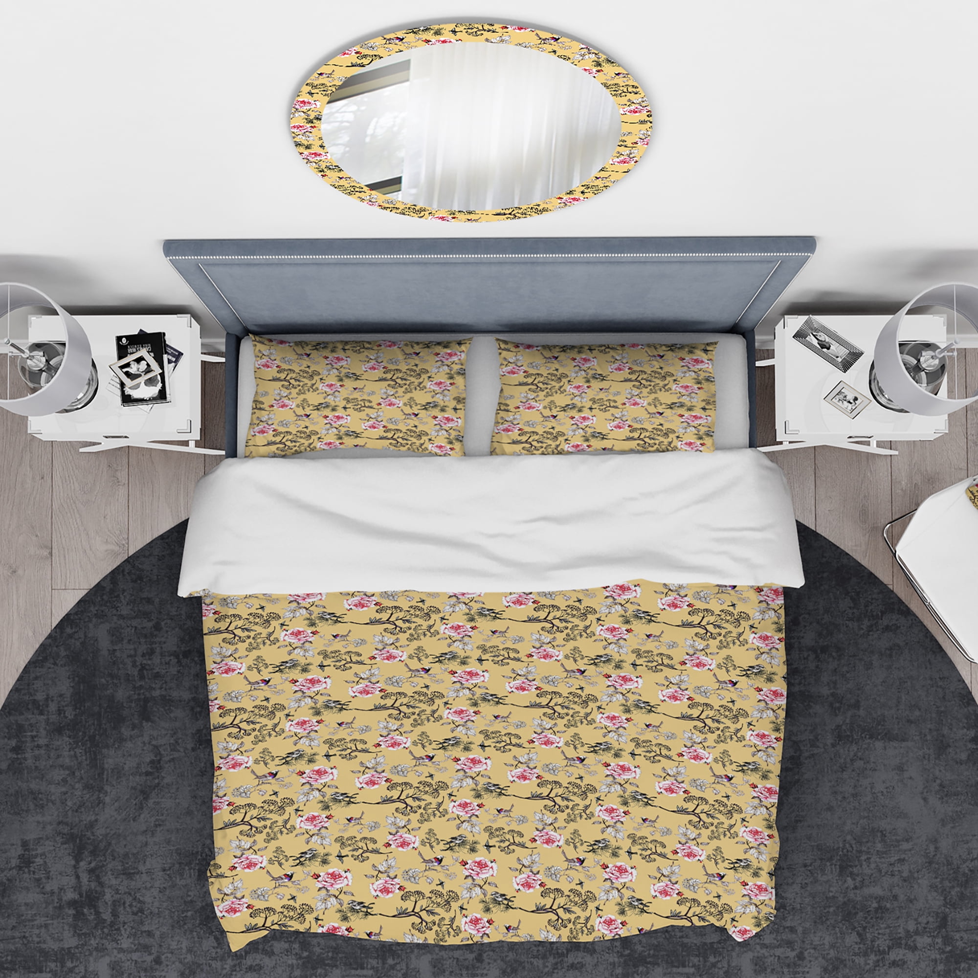 Designart 'Floral and Birds in Yellow Background' Traditional Duvet Cover Set