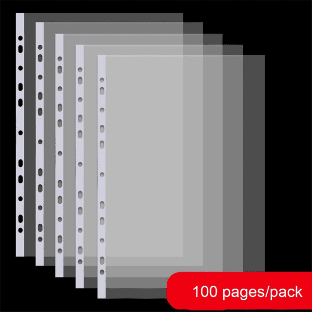 100Pages A4 Punched Pocket, Clear 11-Hole Sheet Protector Binder Pocket Paper File Letter Sheet Binder Sleeves 8 Silk