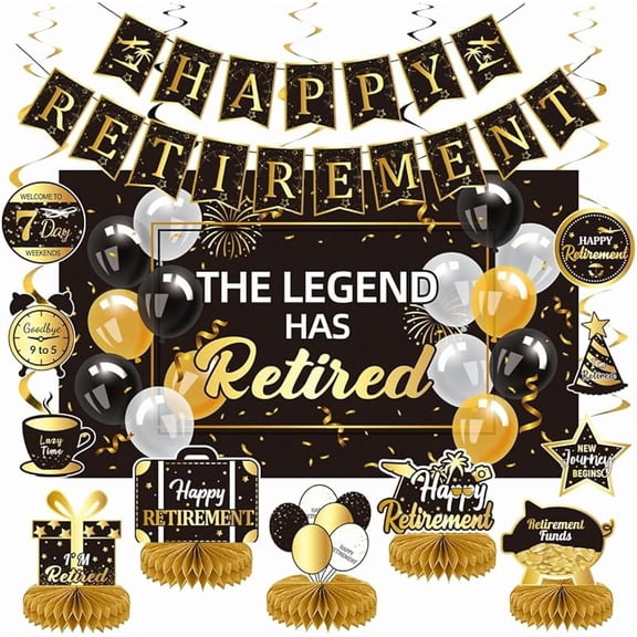 Happy Retirement Party Decorations Men Women, Black and Gold Retirement Party Decorations, Happy Banner, Backdrop, Hanging Swirls, Honeycomb Centerpiece