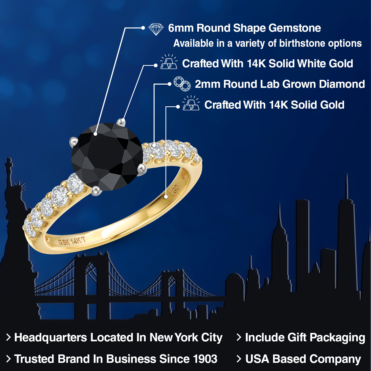 Gem Stone King 14K Two Tone Gold Black Sapphire and Lab Grown Diamond Engagement Ring for Women | 1.53 Cttw | Round 6MM | Gemstone September Birthstone | Size 7