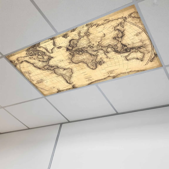 1 Pcs World Map Fluorescent Light Covers Retro Yellow Plate Line Abstract Magnetic Light Covers for Ceiling Lights 4 x 2 ft Drop Ceiling Lights Cover Shade for Office, Home, Hospital