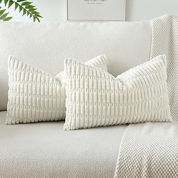 Eryueer Set of 2 Corduroy Soft Striped Cushion Covers 30x50 cm Boho Decorative Throw Pillow Covers Lumbar Cushion Case Couch Home Decor Pillowcases for Sofa Bedroom 12x20 Inch (Cream White)