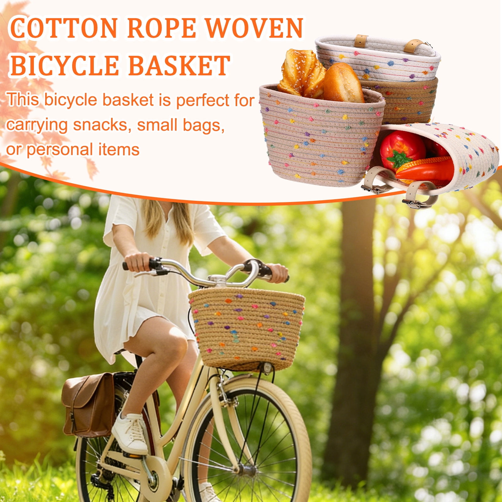 Uxcell Bike Basket, Cotton Rope Woven Colored Spots Bicycle Basket Adjustable Front Handlebar Baskets with 2 Leather Belt Buckles Khaki-Fitting For(Most Bikes/Tricycle/Scooters)