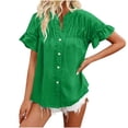 thumbnail image 1 of Timegard Tops for Women Ruched Ruffle Short Sleeve Stand Collar Shirts Casual Loose Button up Blouse, 1 of 5