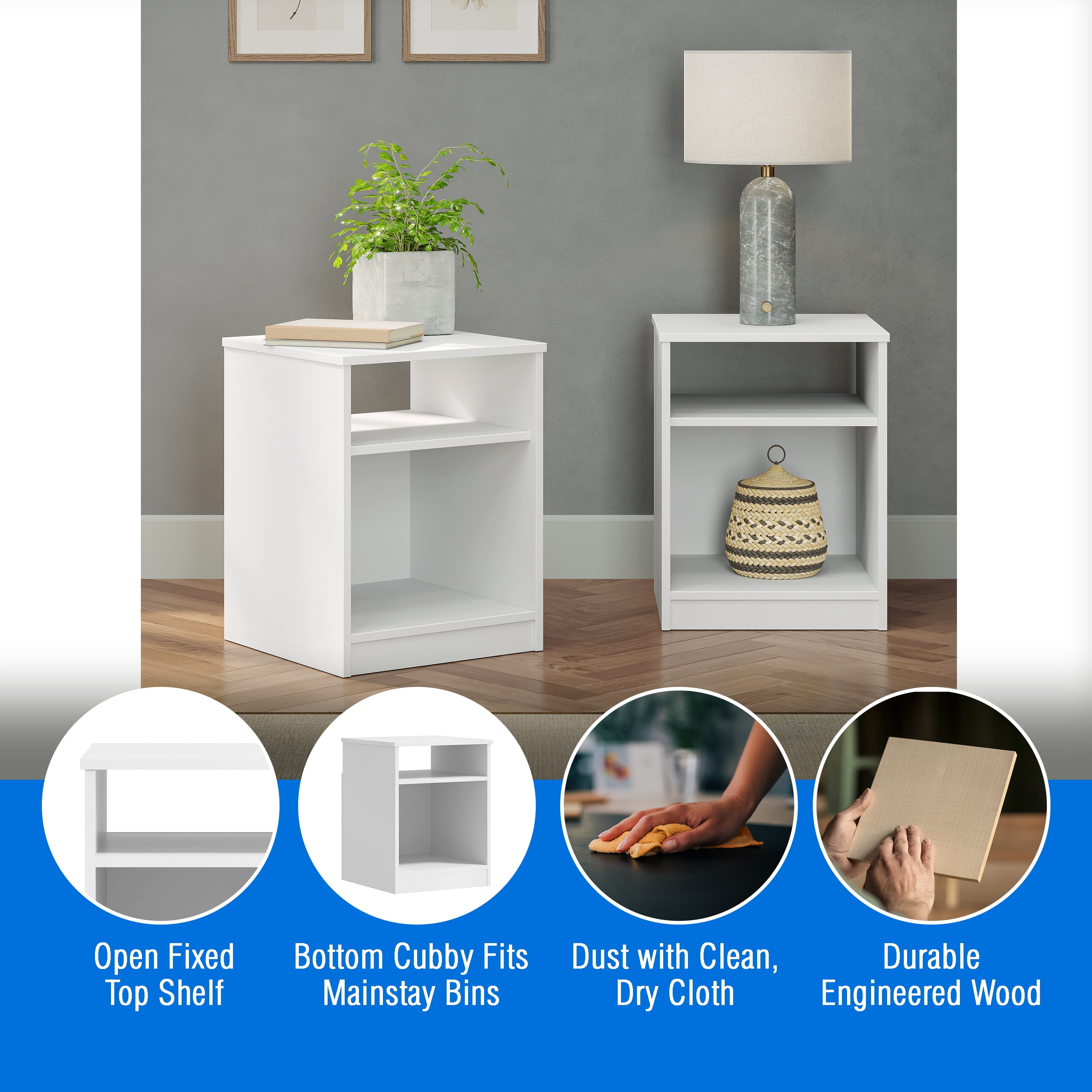 Mainstays Open Shelf Nightstand, Set of 2, White