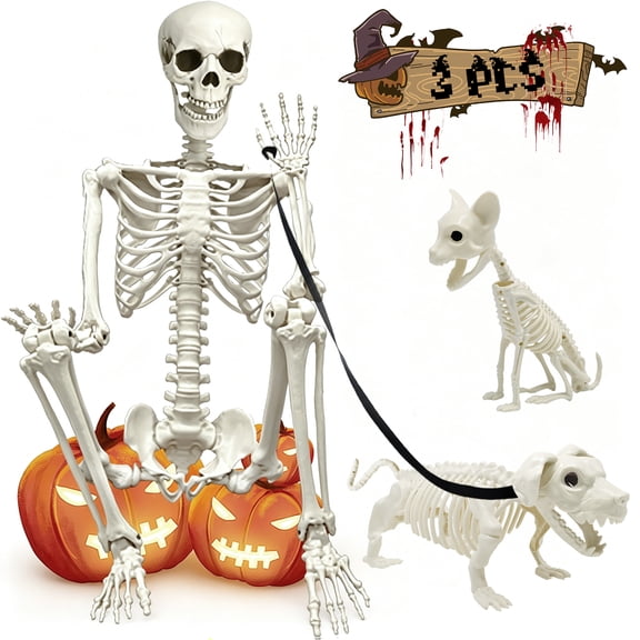 5.4FT Halloween Skeleton Set with Dog and Cat, Posable Human Skeleton Decoration, Life Size Movable Joints Indoor Outdoor