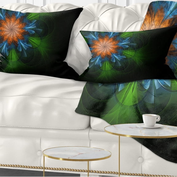 Designart Dark Green Fractal Flower in Black - Floral Throw Pillow - 12x20