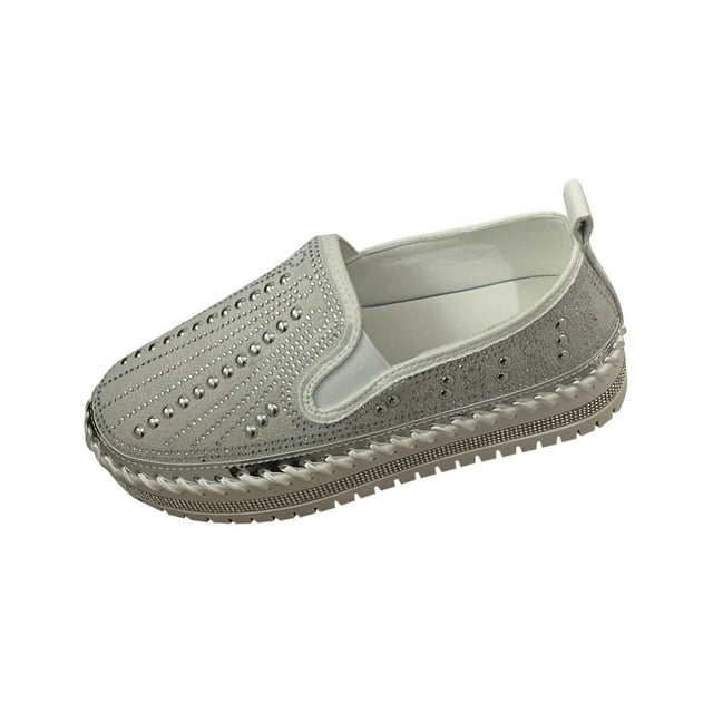WRKEKC Loafers for Women Solid Rhinestone Round Toe Thick Sole Slip On Shallow Mouth Shoes for Ladies All Season