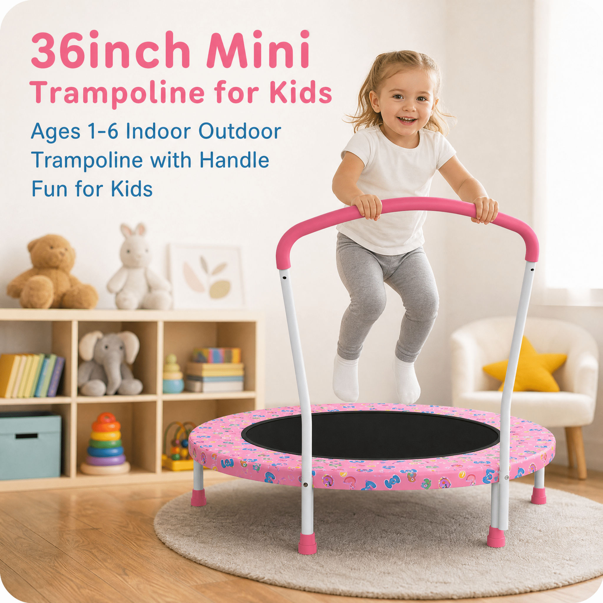 36inch Mini Trampoline for Kids Ages 1-6 Indoor Outdoor Trampoline with Handle Fun for Kids