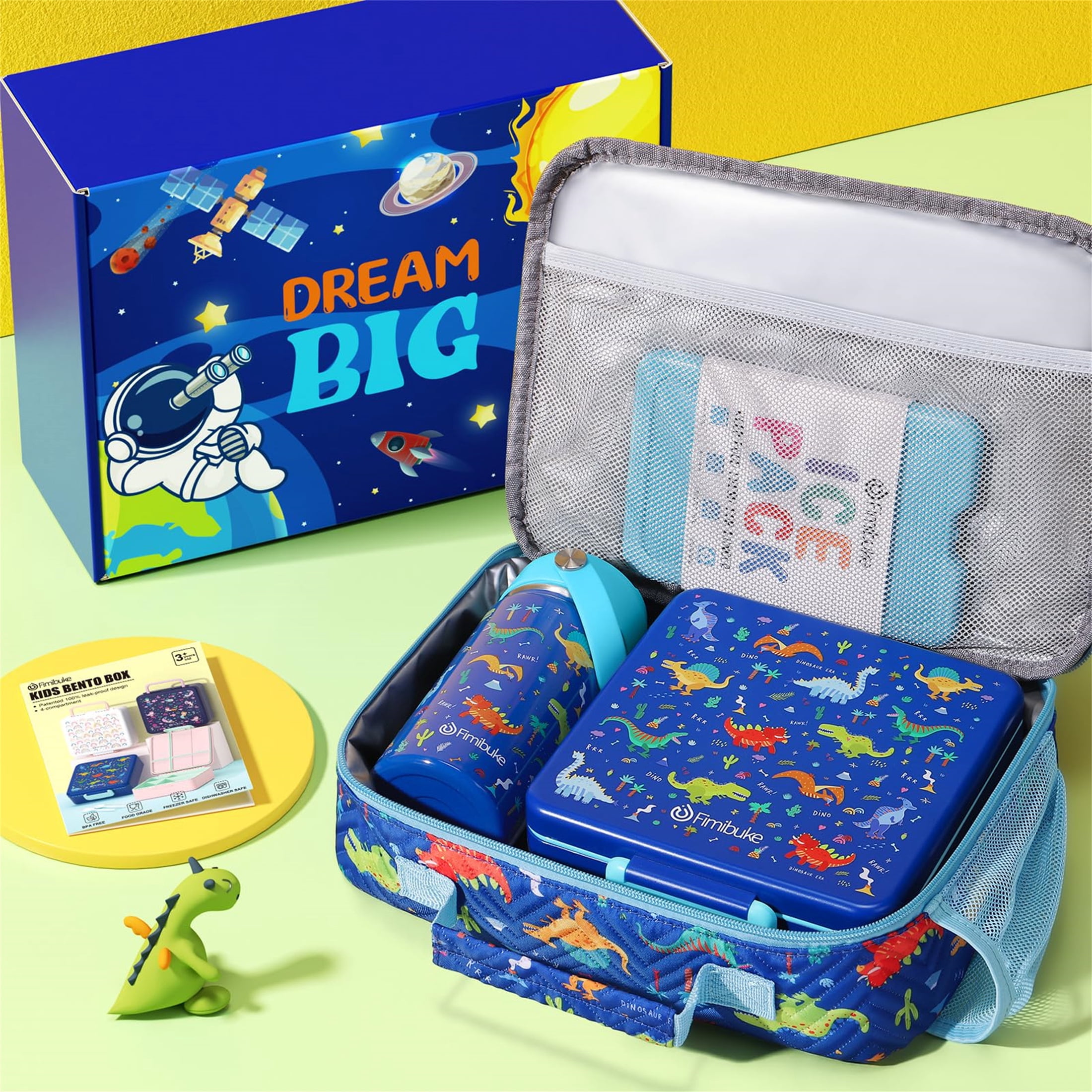 Bento Lunch Box with 4 Compartments, Insulated lunch Bag, 14oz Stainless Steel Water Bottle, Ice Pack, Utensils Set (Blue Dinosaur])