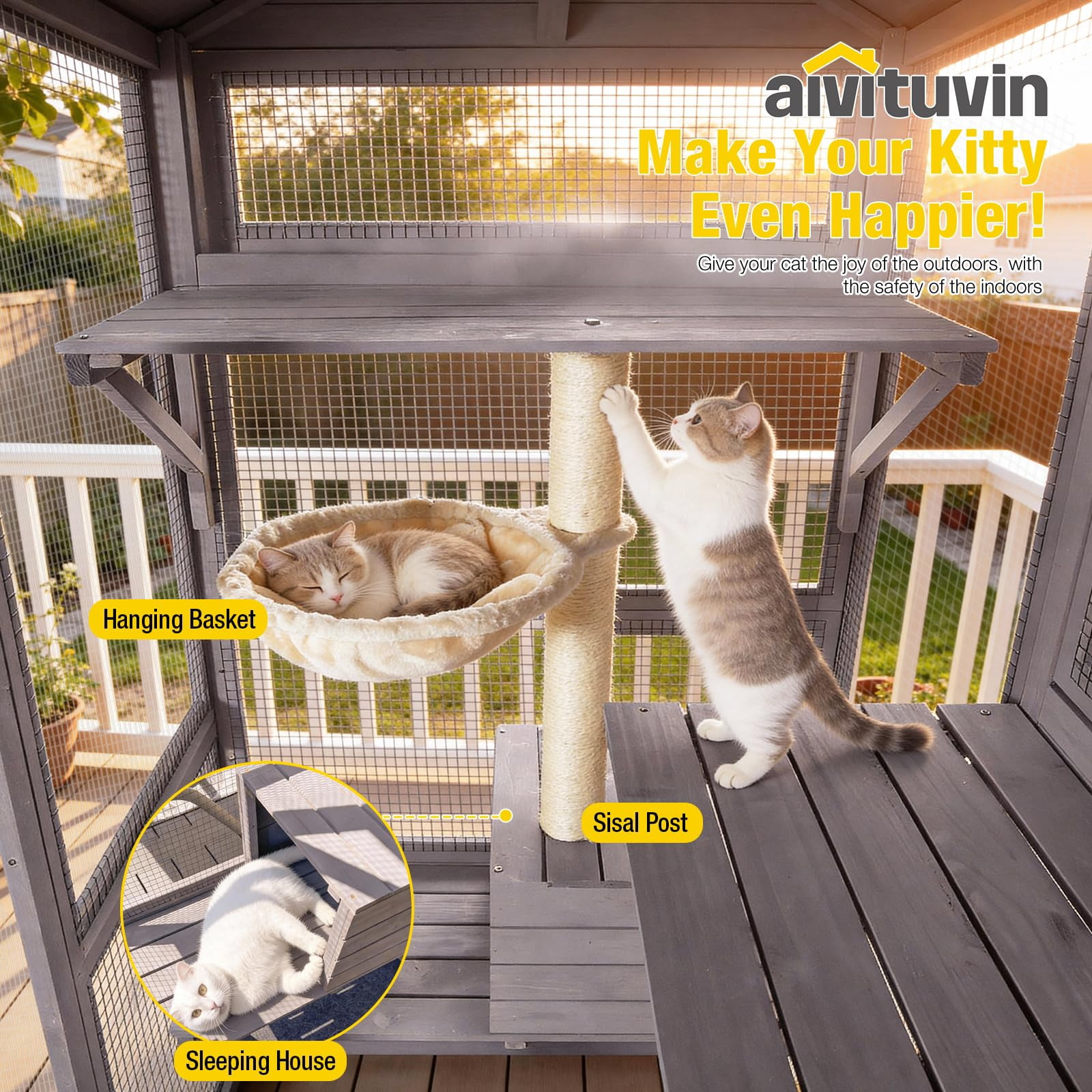 Aivituvin Catio Outdoor Cat Enclosure Large Cat House for Multiple Cats Walk in Cat Cage with Tarp Roof 70"