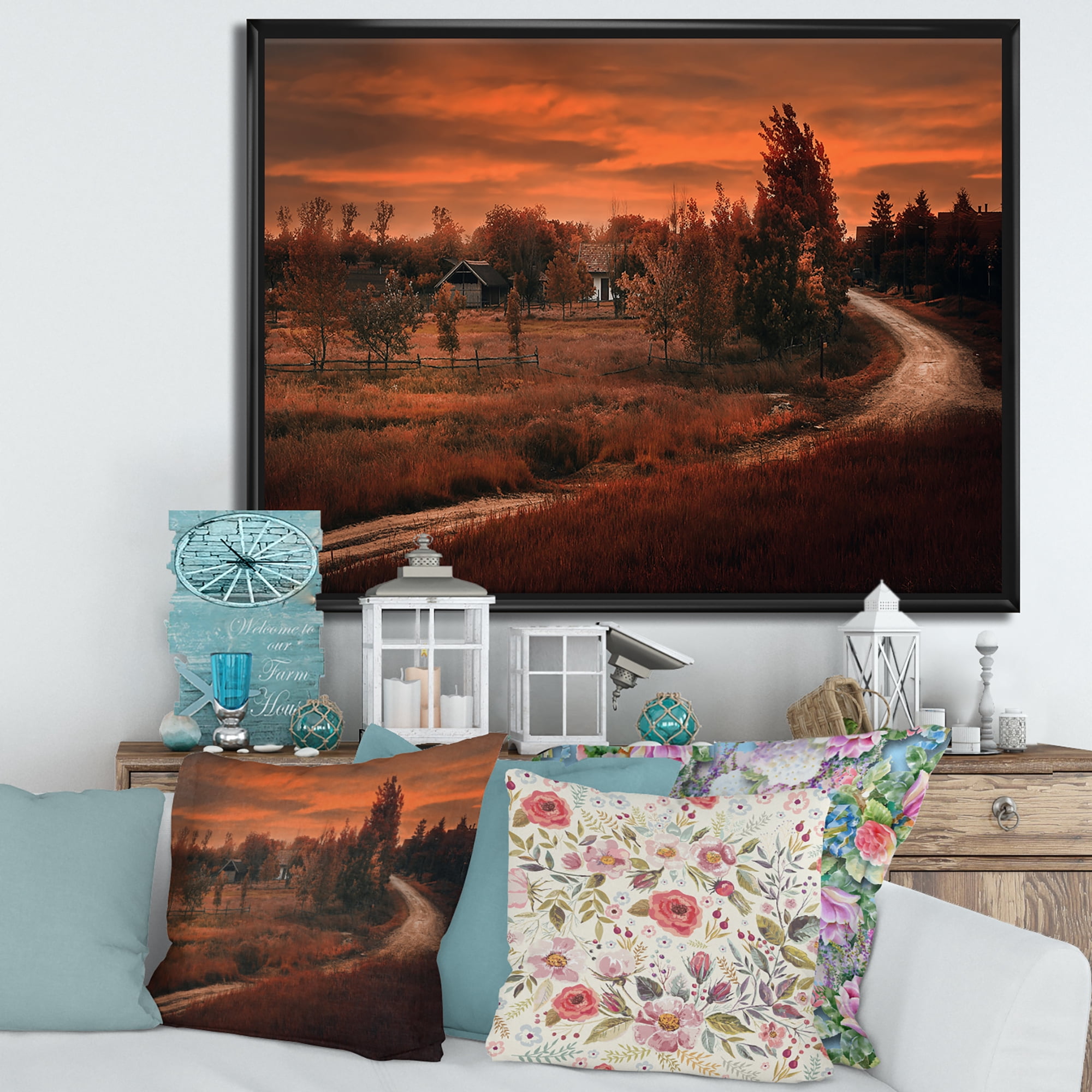 The Road By The Farm In Dark Pink Sunset 32 in x 24 in Framed Painting Canvas Art Print, by Designart