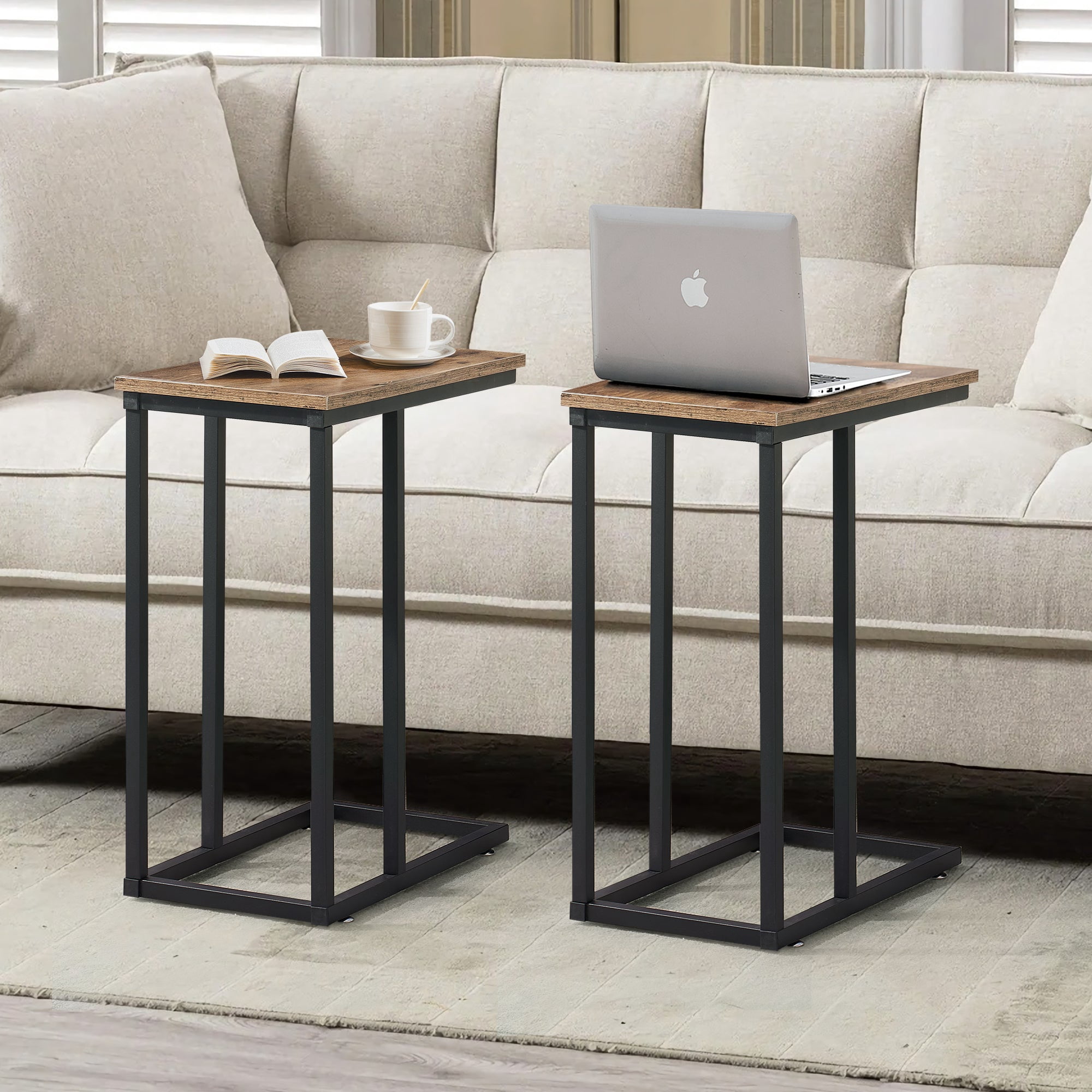 VECELO Set of 2 C-Shaped Sofa Side Table, Small End Table for Living Room, Narrow Bedside/TV Tray Table, Gray