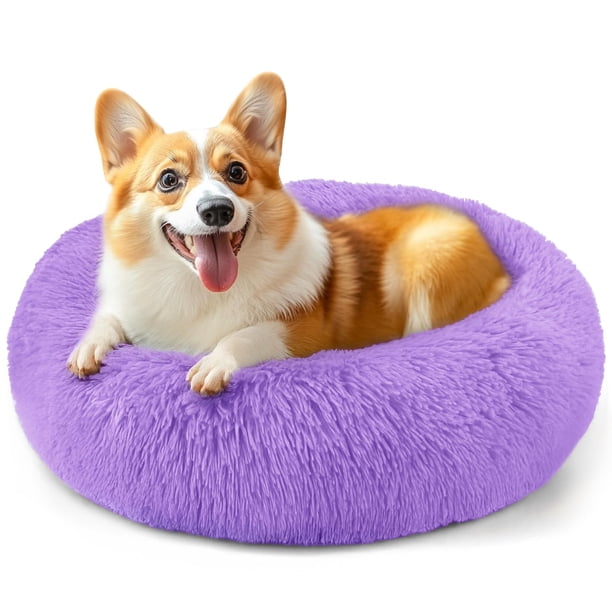 Cama grande para perros de 28 pulgadas cama mediana para perros y gatos cama redonda calmante lavable esponjosa para mascotas morado