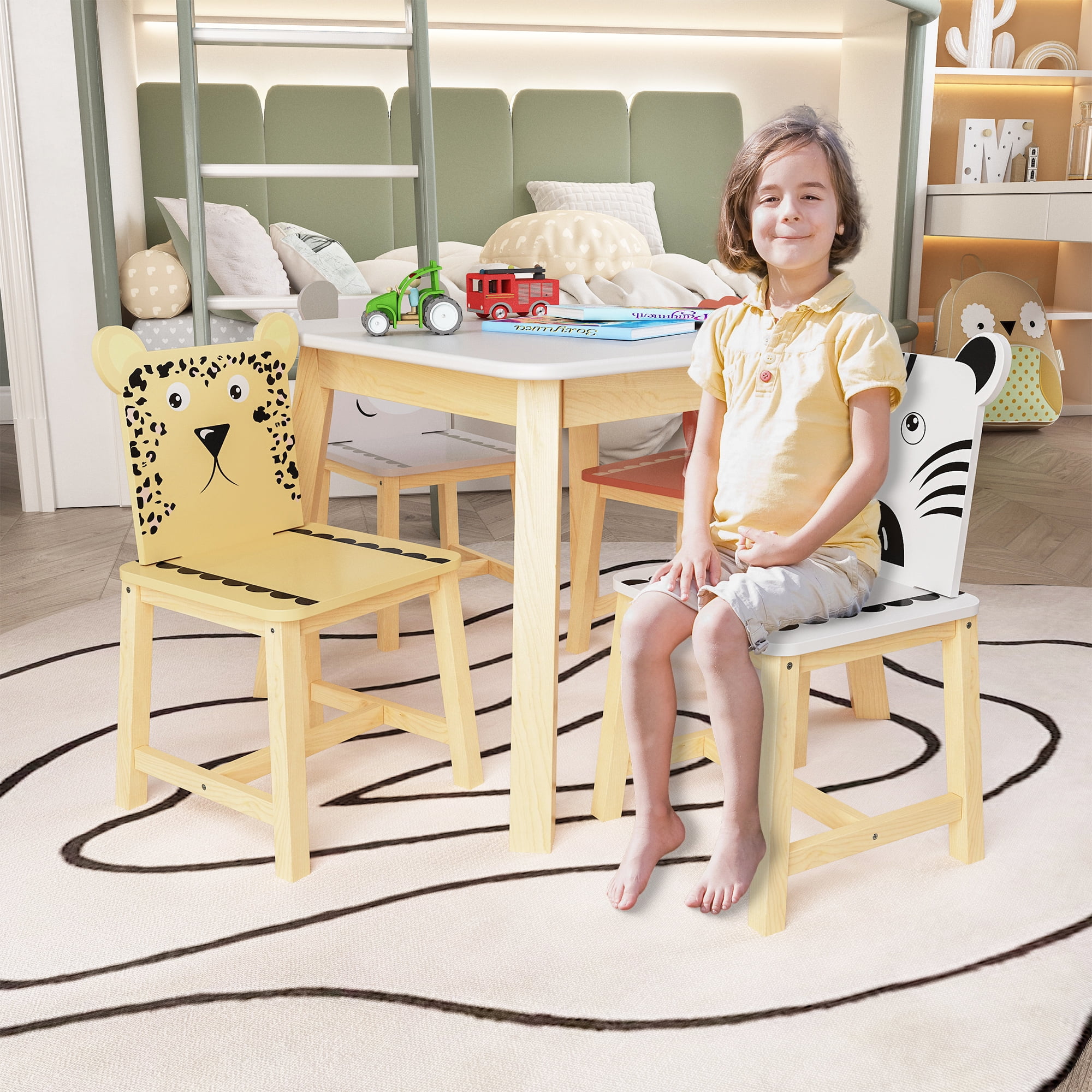 Seizeen Kids Table & Chair Set , 5 Pieces Cartoon Table with 4 Chairs Solid Wood Kids' Furniture Large Table and Animals Backrest, Kid's Room, Nursery Furniture Set