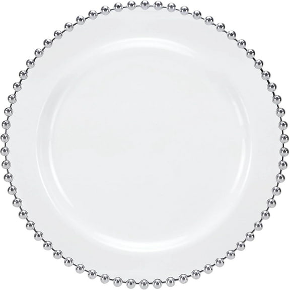 10.5 inch Silver Beaded Clear Round Dinner Plate – Elegant Disposable Plastic Dinner Plate for Weddings, Parties, Catering, and Buffets – Durable & Reusable Tableware – Food-Safe BPA-Free Design (20)