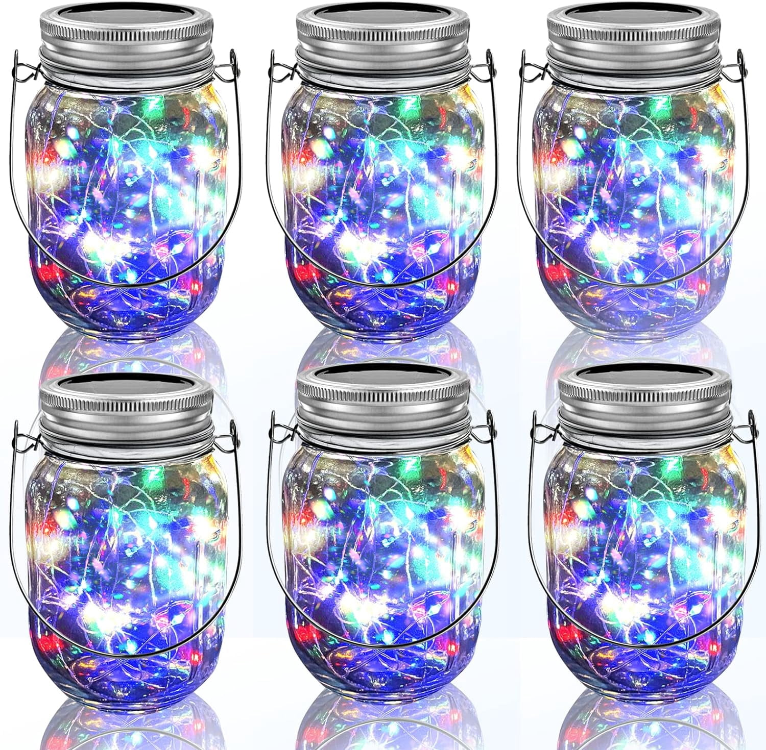 Hinzonek Hanging Solar Mason Jar Lights, 6 Pack 20 Led String Hanging Mason Jar Lanterns for Outdoor Decor Lamps for Outside Patio Garden Yard Fence Wedding Table, Multicolor (No Jars)