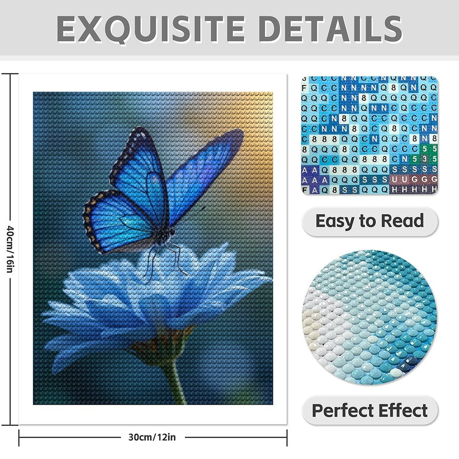 Diamond Art Kit for Adults, Blue Butterfly On Flower Blossom Diamond Painting for Adults Beginners, DIY Diamond Art Painting Kits, 5D Diamond Painting Crafts for Home Decor 12x16 Frameless