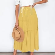 Womens Maxi Skirts Elastic Waist Boho Long Skirts for Women Casual Vacation Solid Color Womens Skirts Flowy Ankle-Length Skirts