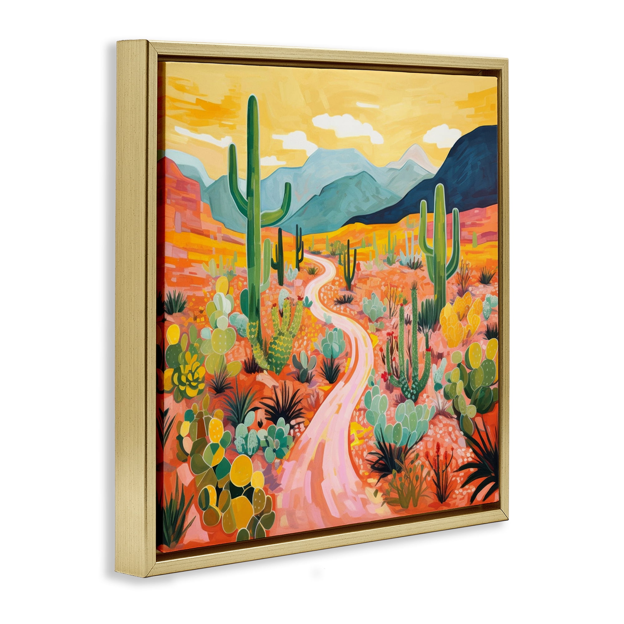 Stupell Industries Sunrise over Desert Path Landscape & Nature Painting Gold Floater Framed Canvas Art Print Wall Art, 18 x 18