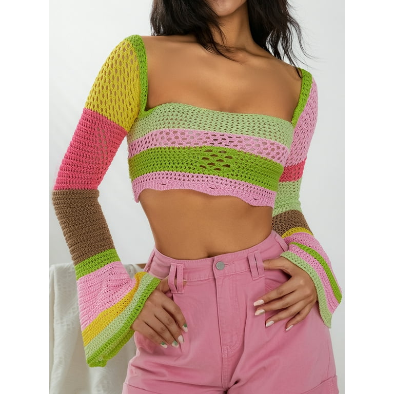 Women Hollow Out Crochet Knit Crop Tops Color Block Short Puff