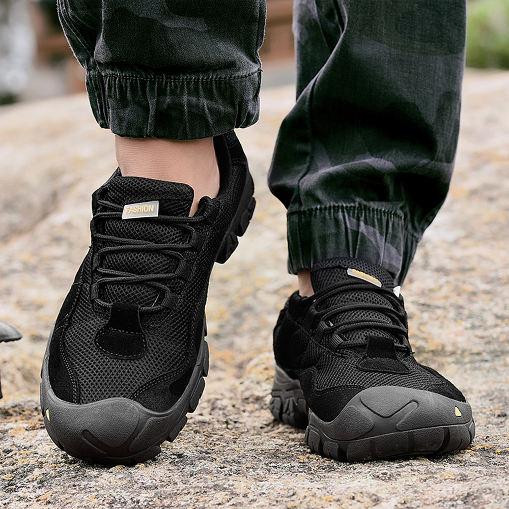Men's Hiking Shoes Comfortable Breathable Lightweight Slip Resistant Rubber Outsole Outdoor Walking Lace Up Sneakers Black 7 US