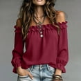 thumbnail image 6 of ClodeEU Women's Off Shoulder Long Sleeve Blouse, Casual Solid Color Top with Ruffled Trim Wine,Women's Plus L, 6 of 9