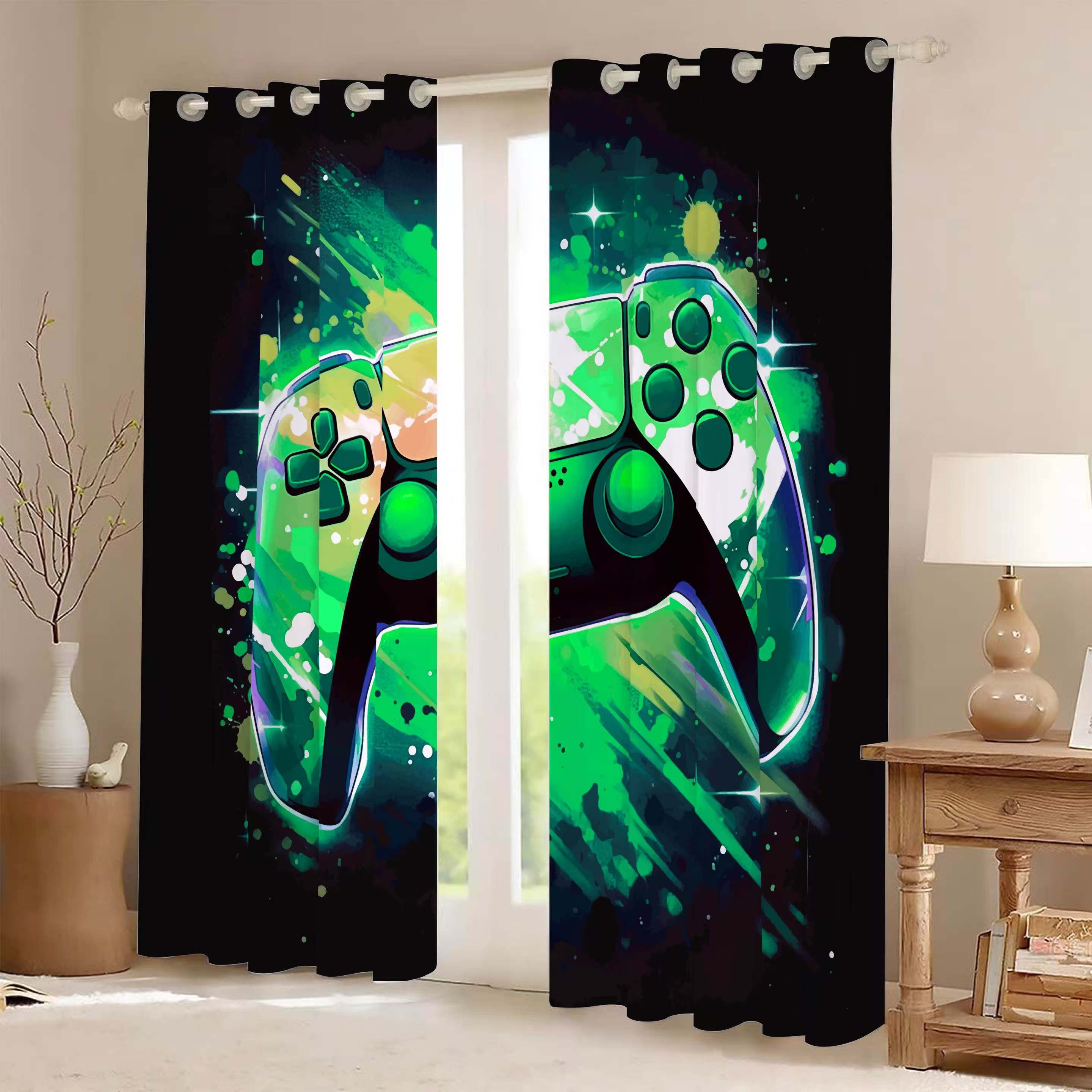 Psoiuetr Gamepad Blackout Curtains Teens Boys Kids Gaming Video Game Room Bedroom Living Room Decor Darkening Window Treatments Drapes Grommet Green 2 Panel 52" W x 63" L