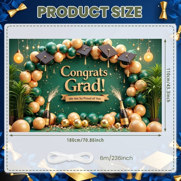 Green & Gold Congrats Grad Banner Graduation Cap Design Grad Party Backdrop Balloon Decor Glitter Accent for Graduation Party College Graduation Indoor Celebration