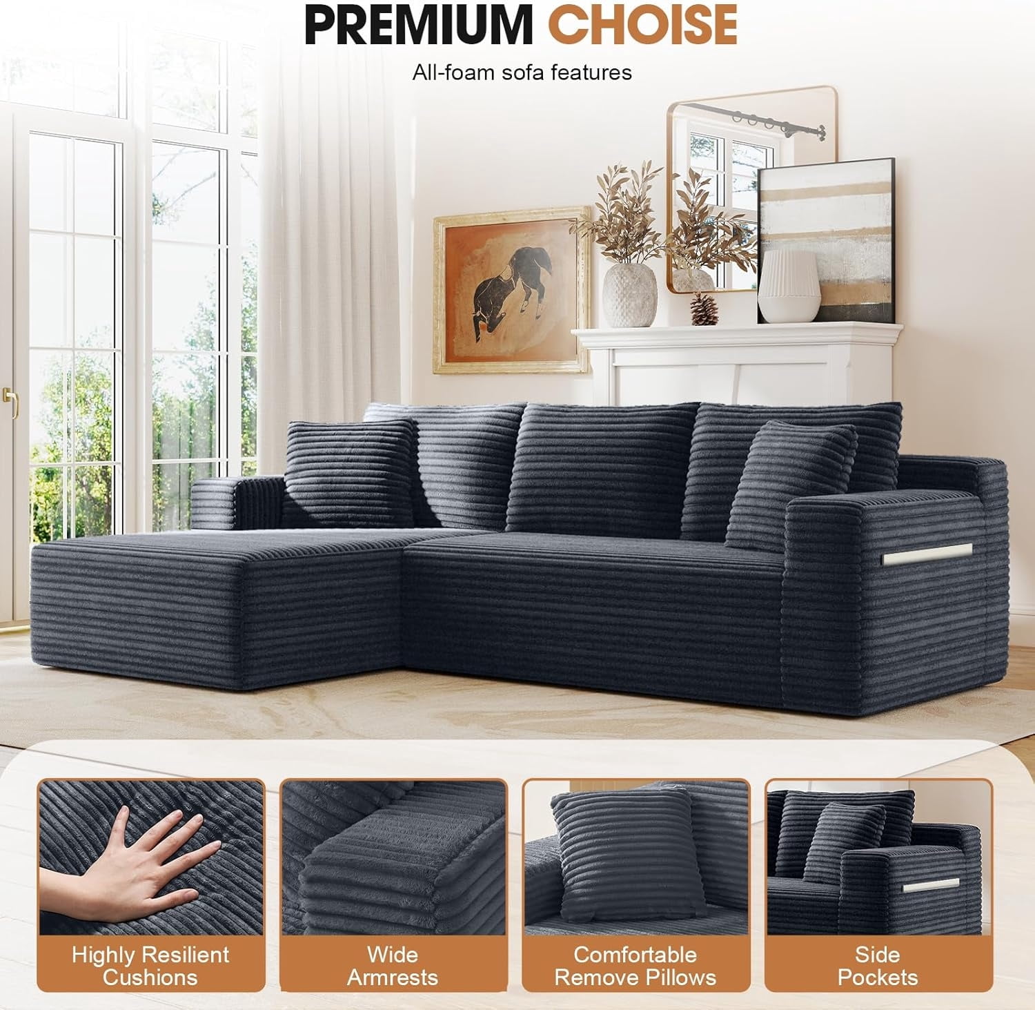 MOONMISS L-Shaped Cloud Sectional Couch with Chaise,Modern Corduroy Upholstered Modular Boneless Sofa,No Assembly for Living Room Apartment(Gray,Left)