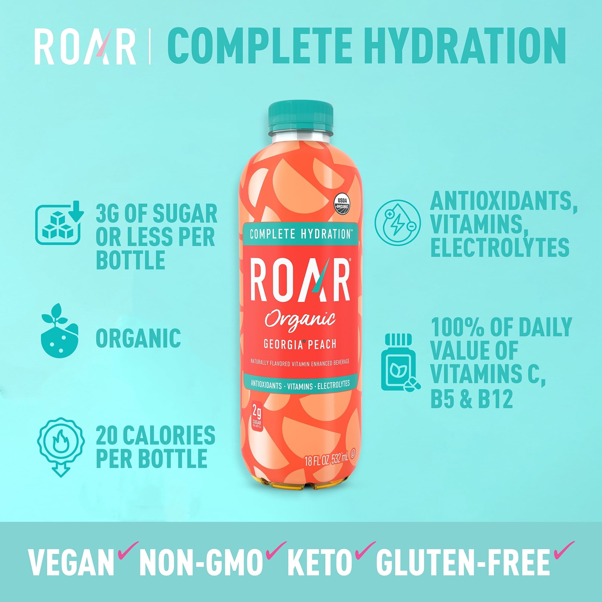Roar Complete Hydration Organic - Georgia Peach - 12 x 18 oz