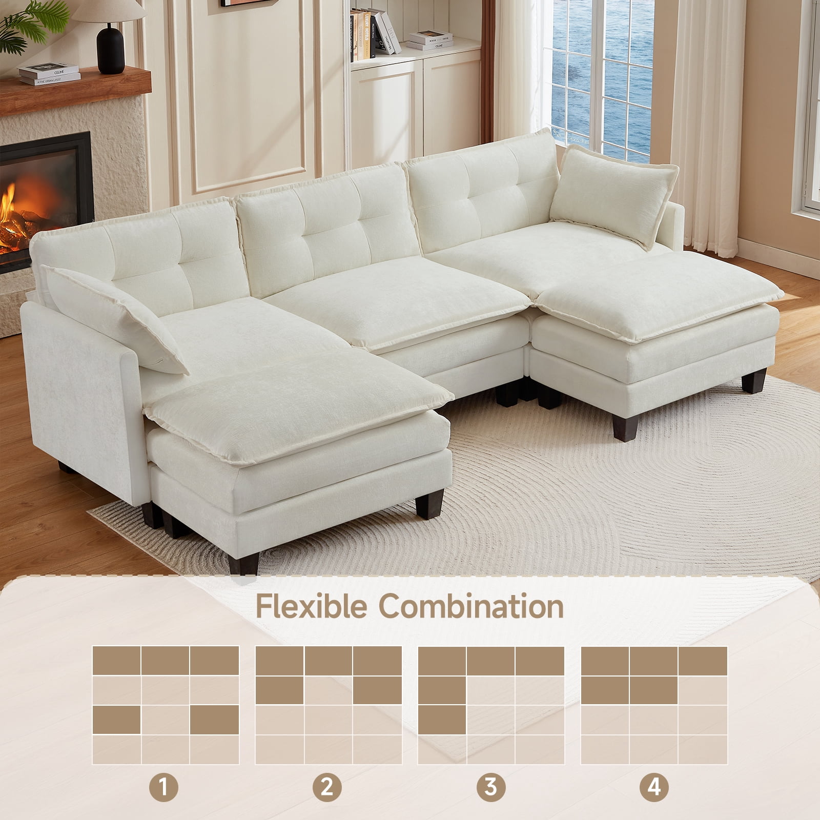 Amsleekey 111.5" Modular Sectional Sofa with 2 Movable Ottomans, U-Shaped Modern Chenille Cloud Couch for Living Room, Comfy Deep Seat Large Daybed, Beige