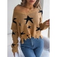 thumbnail image 5 of V Neck Star Pattern Distressed Detail Cropped Sweater for Women Brown Small, 5 of 5