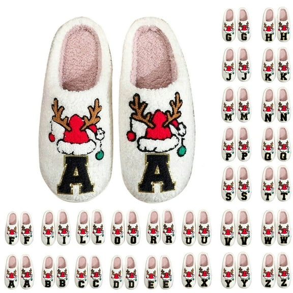 Christmas Slippers Adult Size 6 Fuzzy Cute Outdoor Indoor Slippers Xmas Santa Reindeer Letter Print Fashion Winter Shoes (Red & White, Y)
