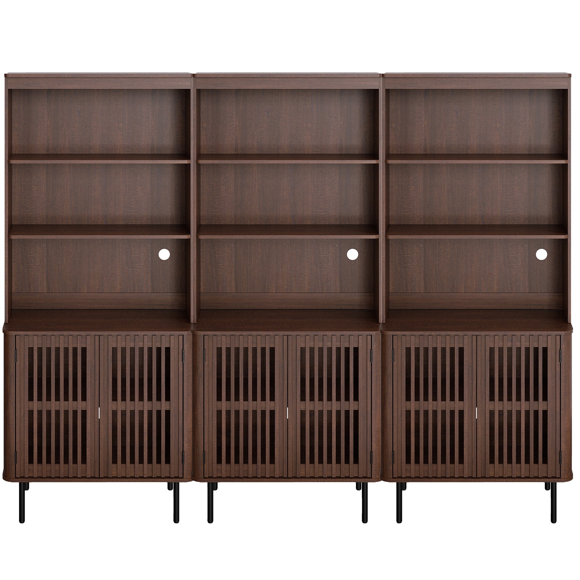 WAMPAT 72.8" Tall 5-Tier Bookshelf with Doors, Modern Bookcase with Storage, Adjustable Shelves, Wood Storage Cabinet, Walnut，3 PCS