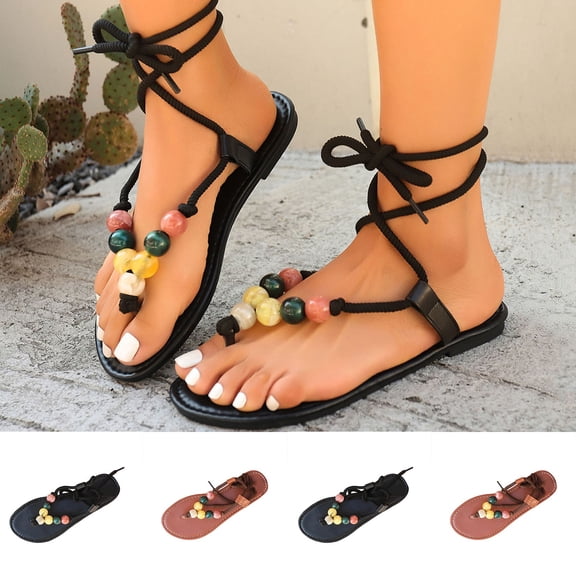 YTCAMLO Womens Rhinestone Flat Sandals Fashion Comfortable Thong Slippers Lace up Summer Sandals for Women Wedding Vacation