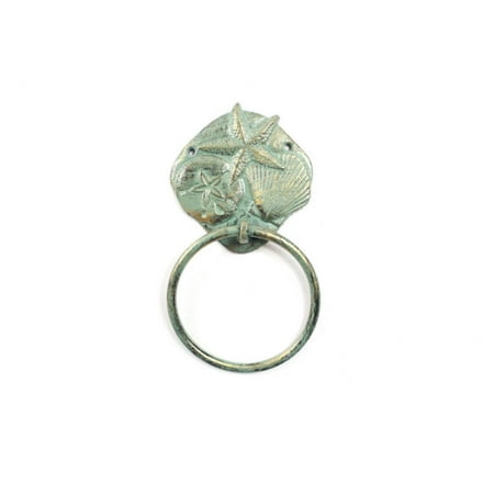 Essentials 8 Inch Towel Ring - Antique Seaworn Bronze Cast Iron Shell Sand Dollar Starfish Towel Holder 8