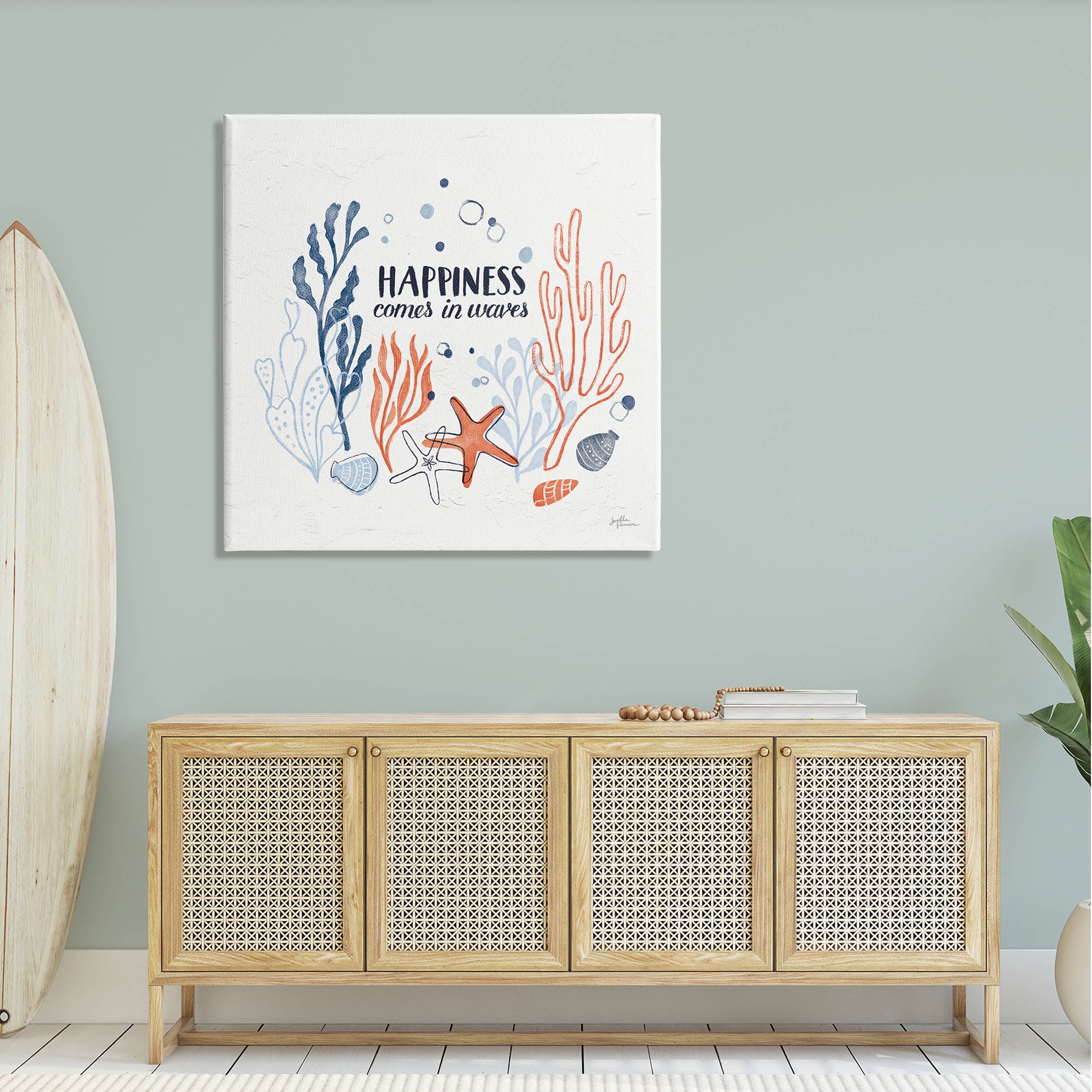 Stupell Industries Happiness Comes In Waves Sea Life Graphic Art Gallery Wrapped Canvas Print Wall Art, Design by Janelle Penner