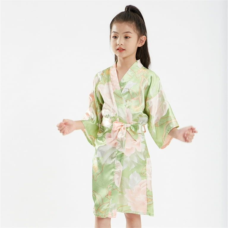 childrens silk dressing gown Ruyang Girls Silk Dressing Gown Cute Trendy Flower Graphic Satin Robe with  Belt Fall Winter Long Sleeve Soft Cozy Outfit